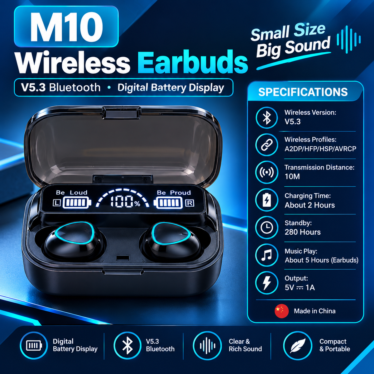 M10 DAMIX Wireless Earbuds V5.3 – Digital Battery Display, Premium Sound & Portable Charging Case