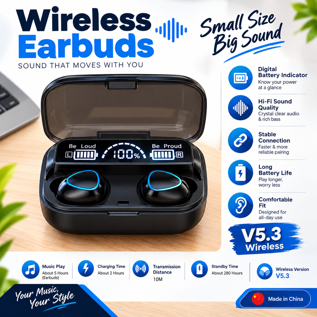 M10 DAMIX Wireless Earbuds V5.3 – Digital Battery Display, Premium Sound & Portable Charging Case