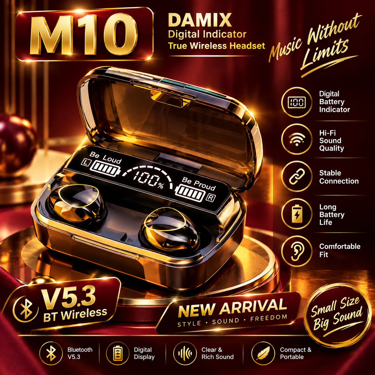 M10 DAMIX Wireless Earbuds V5.3 – Digital Battery Display, Premium Sound & Portable Charging Case