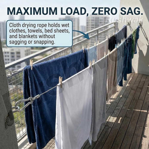 2-Meter Stainless Steel Clothesline – Strong Metal Rope with Hanging Hooks