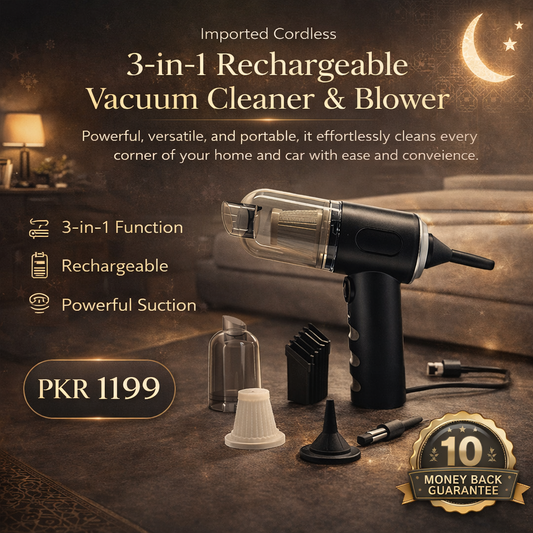 Imported Cordless 3-in-1 Rechargeable Vacuum Cleaner and Blower - Cleans up every corner of your Home and Car