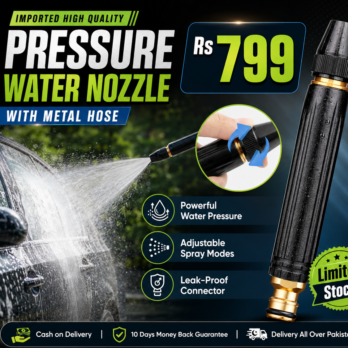 Mega Sale Offer - Imported High Quality Professional Pressure Water Nozzle with Metal Hose Rs 799