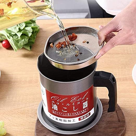Cooking Oil Filter Machine with Handle for Kitchen(1.4L) | Oil Fryer Cooker with Stainless Steel Fine Mesh with Lid Food Grade Iron