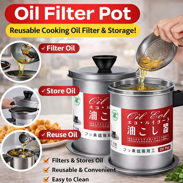 Cooking Oil Filter Machine with Handle for Kitchen(1.4L) | Oil Fryer Cooker with Stainless Steel Fine Mesh with Lid Food Grade Iron