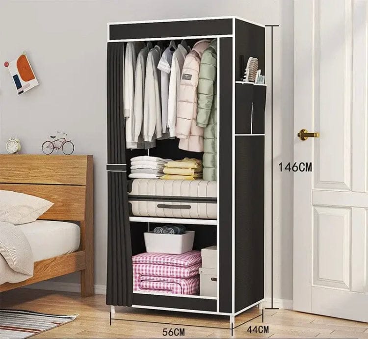 Heavy-Duty Portable Single Fabric Wardrobe – Compact Space-Saving Clothes Organizer with Hanging Rail, Storage Shelves, and Dustproof Curtain Cover (56cm x 44cm x 146cm)
