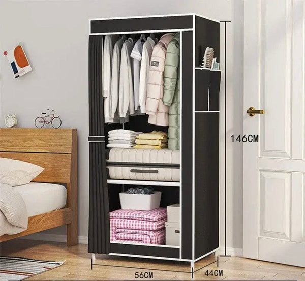 Heavy-Duty Portable Single Fabric Wardrobe – Compact Space-Saving Clothes Organizer with Hanging Rail, Storage Shelves, and Dustproof Curtain Cover (56cm x 44cm x 146cm)