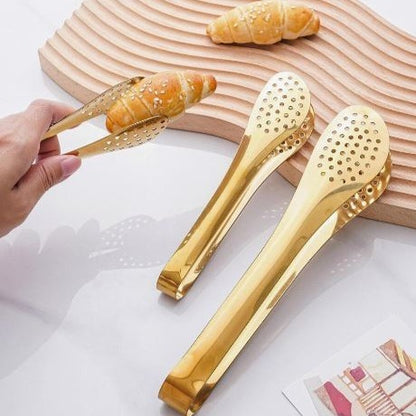 Mini Stainless Steel Food Serving Tong – 6 Inch Strainer Tong with 28-Hole Flat Head for Salad, Ice Cubes, Pastries, Frying & Tea
