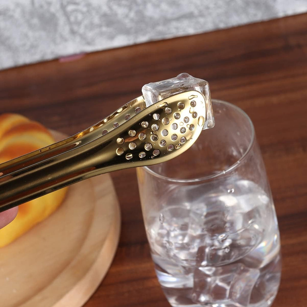 Mini Stainless Steel Food Serving Tong – 6 Inch Strainer Tong with 28-Hole Flat Head for Salad, Ice Cubes, Pastries, Frying & Tea