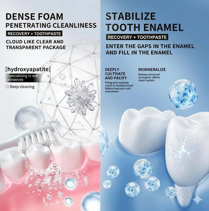 Teeth cleaning product advertisement with toothbrush, toothpaste, and dental care benefits.

