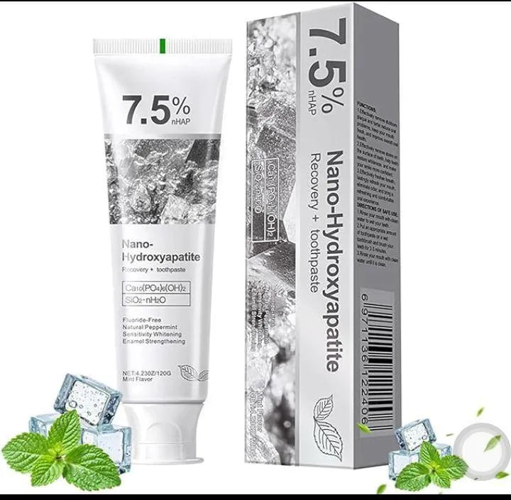 Nano Hydroxyapatite toothpaste tube and packaging on a white background

