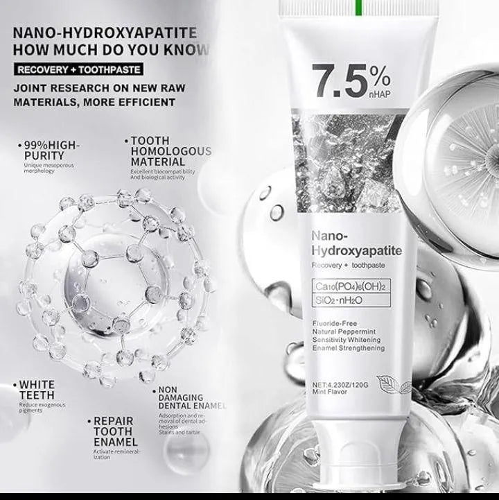 Nano-hydroxyapatite toothpaste packaging with product details on a white backgroun