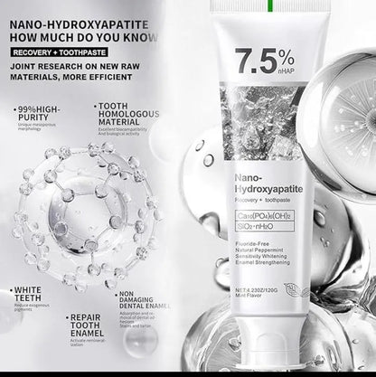 Nano-hydroxyapatite toothpaste packaging with product details on a white backgroun