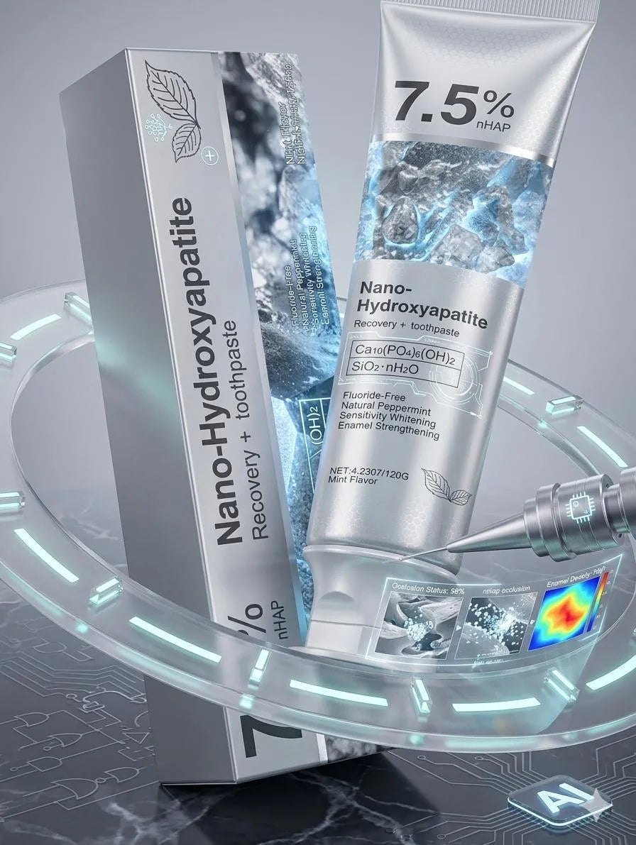 Nano-Hydroxyapatite toothpaste packaging with a syringe on a futuristic backgroun