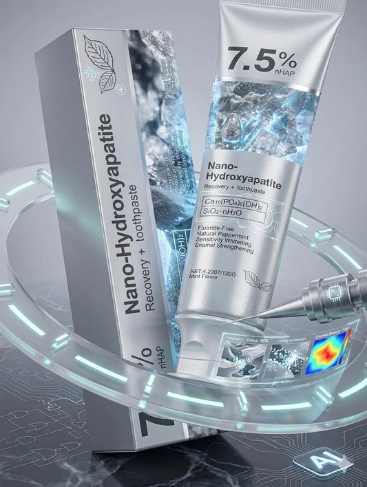 Nano-Hydroxyapatite toothpaste packaging with a syringe on a futuristic backgroun