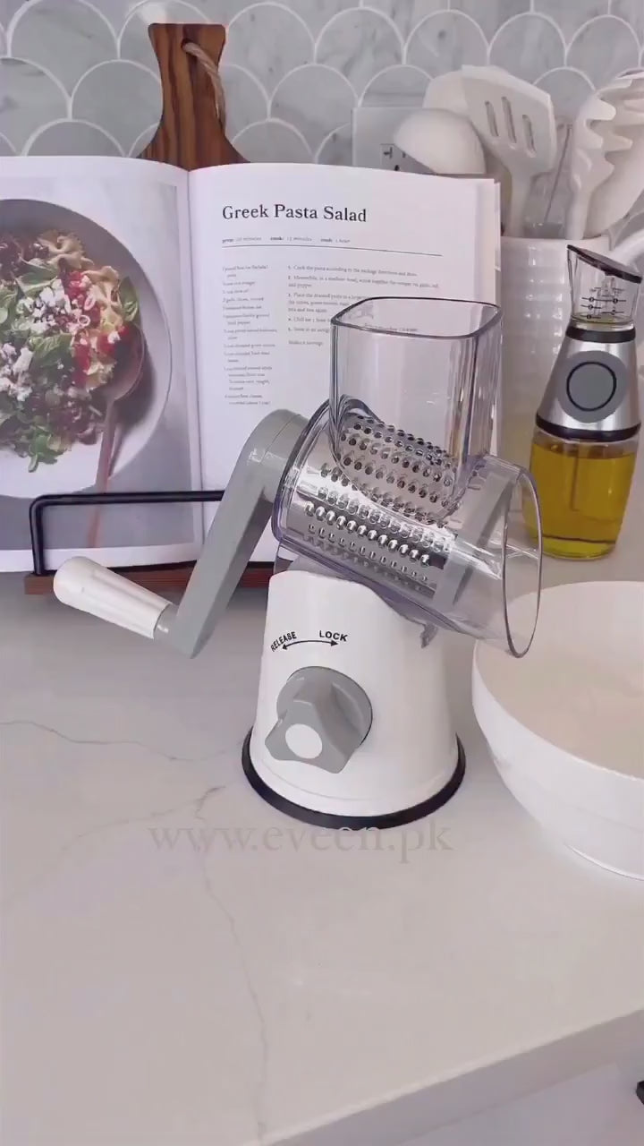 Manual 3‑in‑1 Vegetable Cutter & Drum Grater | Round Slicer | Multifunctional Kitchen Gadget