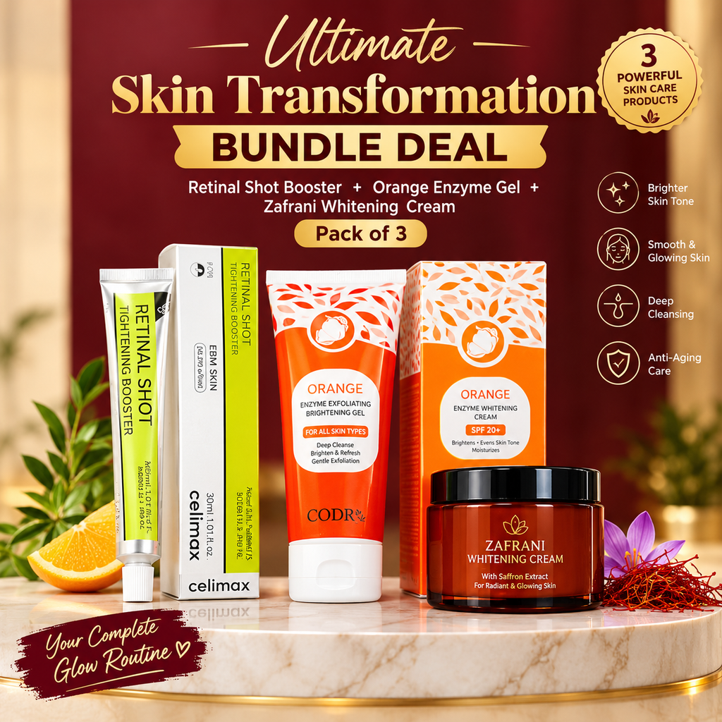 Ultimate Skin Transformation Bundle Deal – Retinal Shot Booster, Orange Enzyme Gel & Zafrani Whitening Cream (Pack of 3)