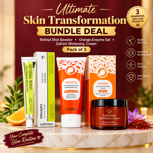 Ultimate Skin Transformation Bundle Deal – Retinal Shot Booster, Orange Enzyme Gel & Zafrani Whitening Cream (Pack of 3)