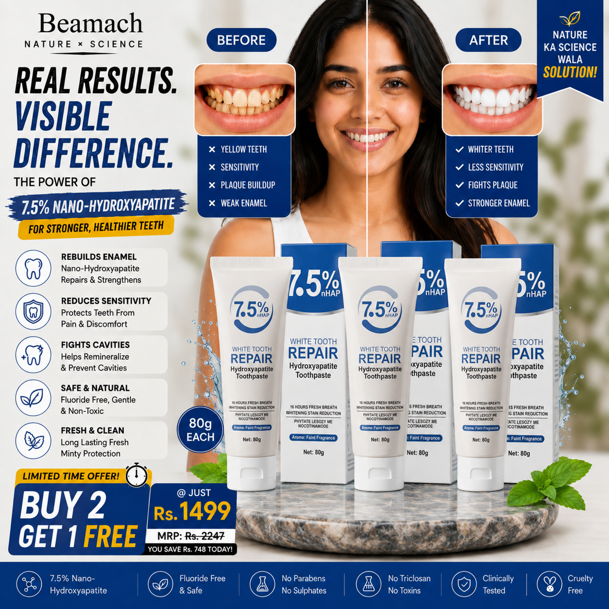 Beamach 7.5 Percent nHAP Hydroxyapatite Toothpaste 80g Whitening Teeth Repair Sensitivity Protection Fresh Breath Up To 16 Hours
