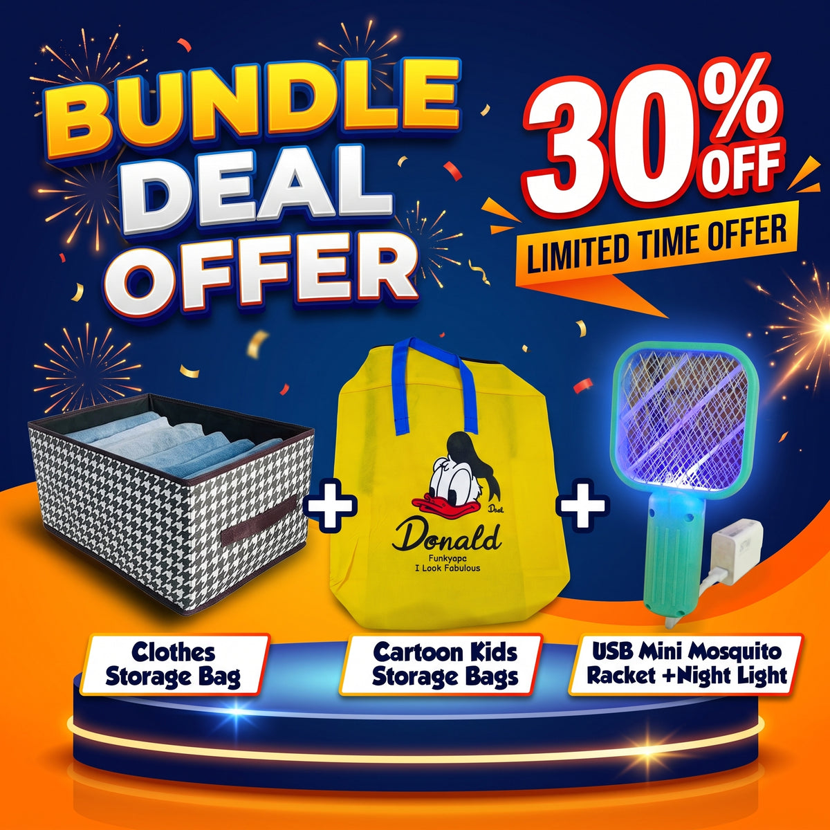 Bundle of 3 Black n White Dots bags	+ Dino Kids Storage Bags		+
Usb Mini Mosquito killer Racket