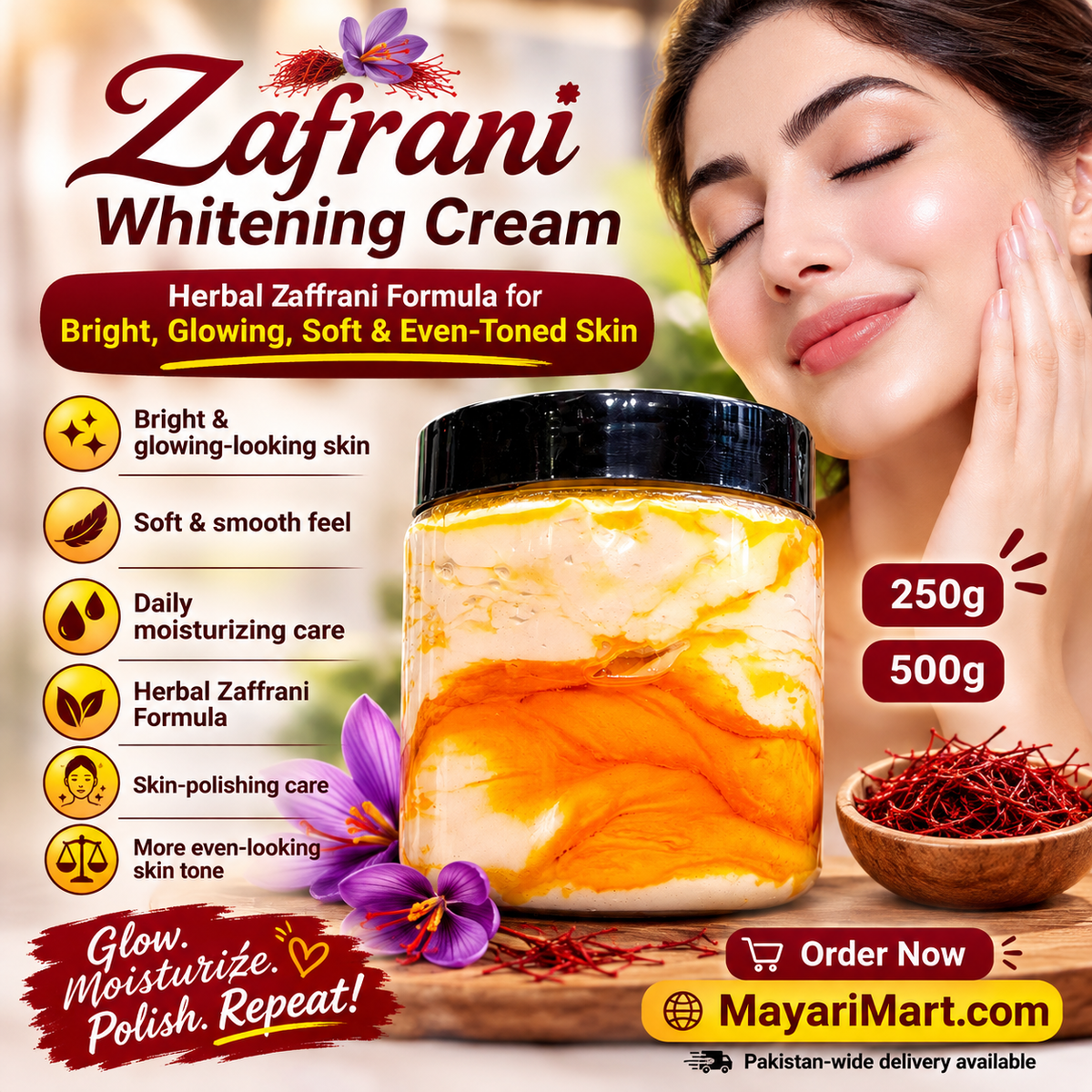 Zafrani Whitening Cream 250g | 500 g – Herbal Zaffrani Formula for Bright, Glowing, Soft & Even-Toned Skin | Daily Moisturizing & Skin-Polishing Cream