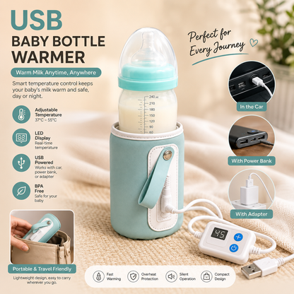 USB Baby Bottle Warmer with Adjustable Temperature Display – Portable Milk Warmer Sleeve for Car, Power Bank & Travel Use