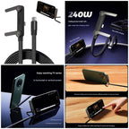 2 in 1 USB-C to USB-C Fast Charging Cable with Mobile Stand 240W Super Fast Charger Nylon Braided 1.5M