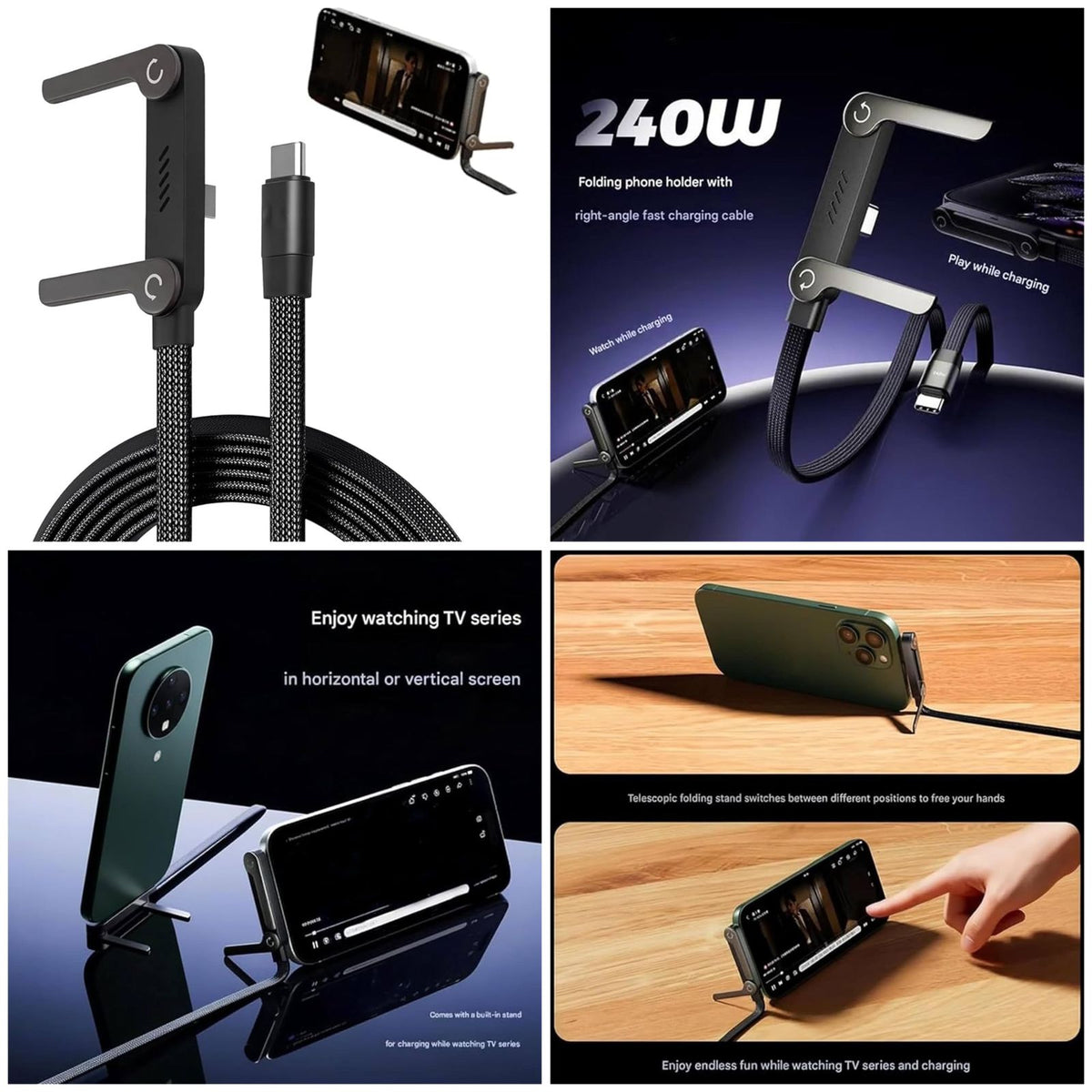 2 in 1 USB-C to USB-C Fast Charging Cable with Mobile Stand 240W Super Fast Charger Nylon Braided 1.5M