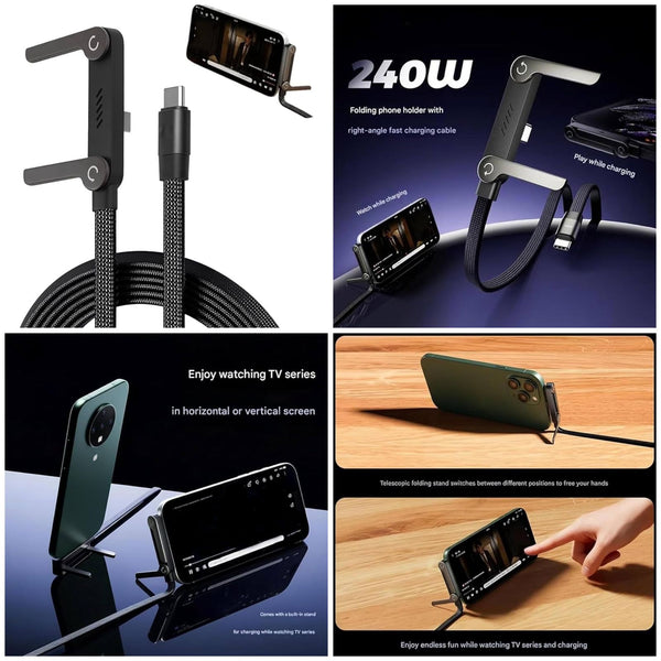 2 in 1 USB-C to USB-C Fast Charging Cable with Mobile Stand 240W Super Fast Charger Nylon Braided 1.5M