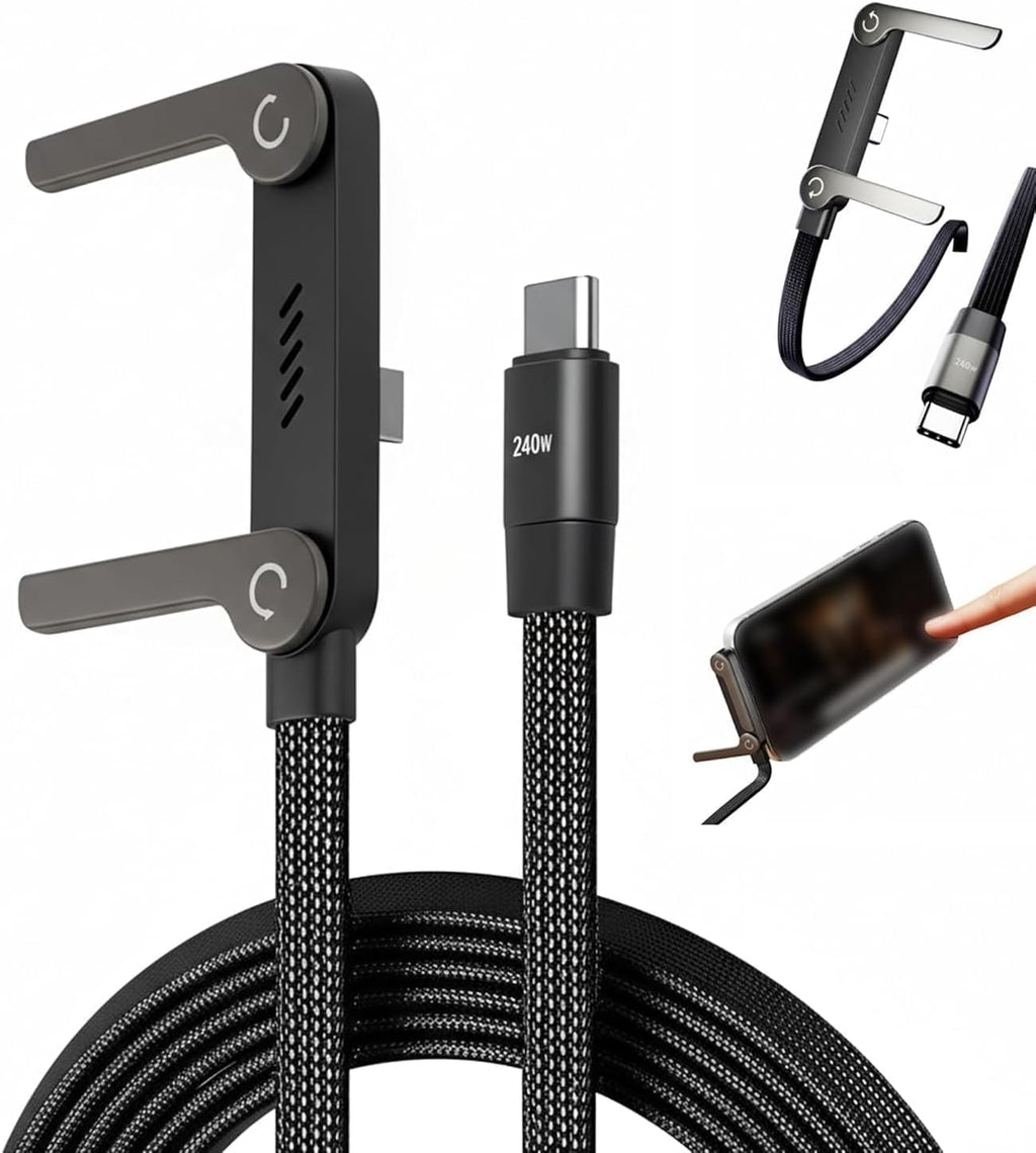 2 in 1 USB-C to USB-C Fast Charging Cable with Mobile Stand 240W Super Fast Charger Nylon Braided 1.5M