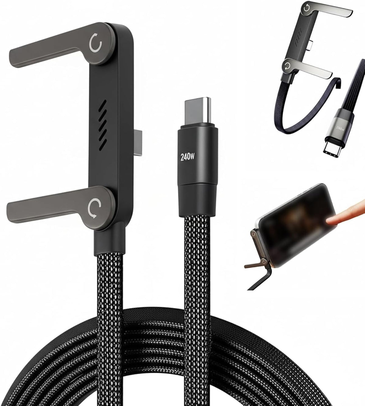 2 in 1 USB-C to USB-C Fast Charging Cable with Mobile Stand 240W Super Fast Charger Nylon Braided 1.5M