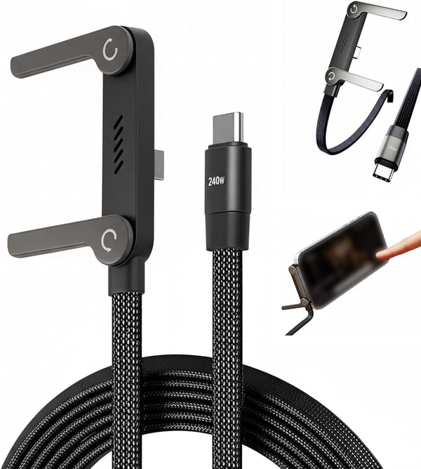 2 in 1 USB-C to USB-C Fast Charging Cable with Mobile Stand 240W Super Fast Charger Nylon Braided 1.5M