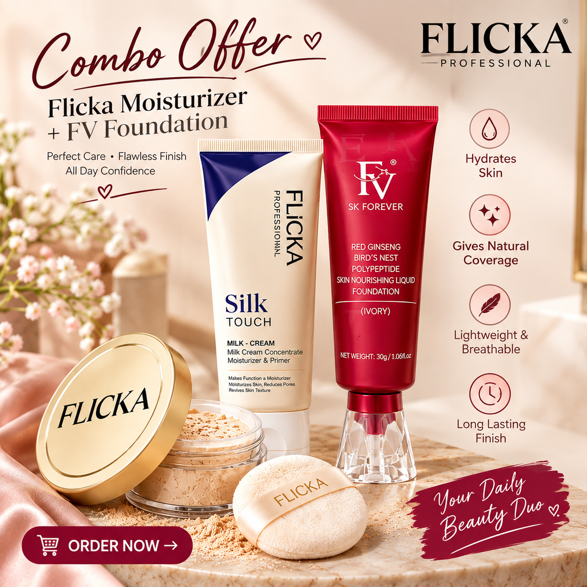 3 In 1 Most Demanding Makeup Bundle - 1 FV foundation ( Ivory Shade), 1 Flicka Primer, 1 Flicka Loose Powder.