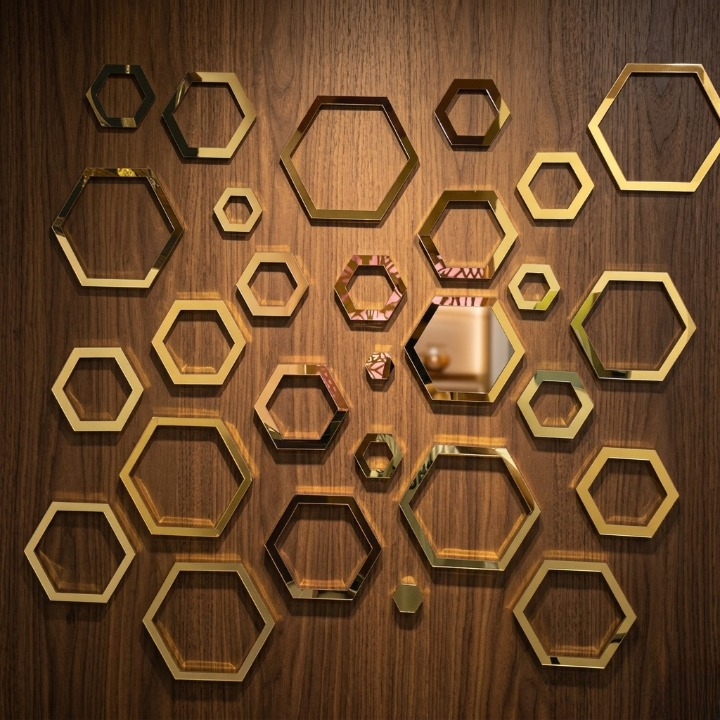 Hexagonal 2D Acrylic Wall Mirror Stickers | DIY Geometric Home Décor (24 Pcs, Mix Sizes)
