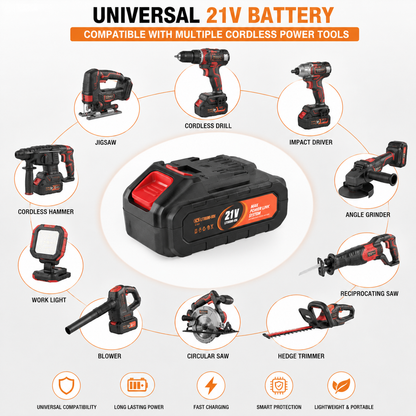 Universal 21V Lithium-Ion Battery Pack for Cordless Power Tools | Rechargeable High-Capacity Battery