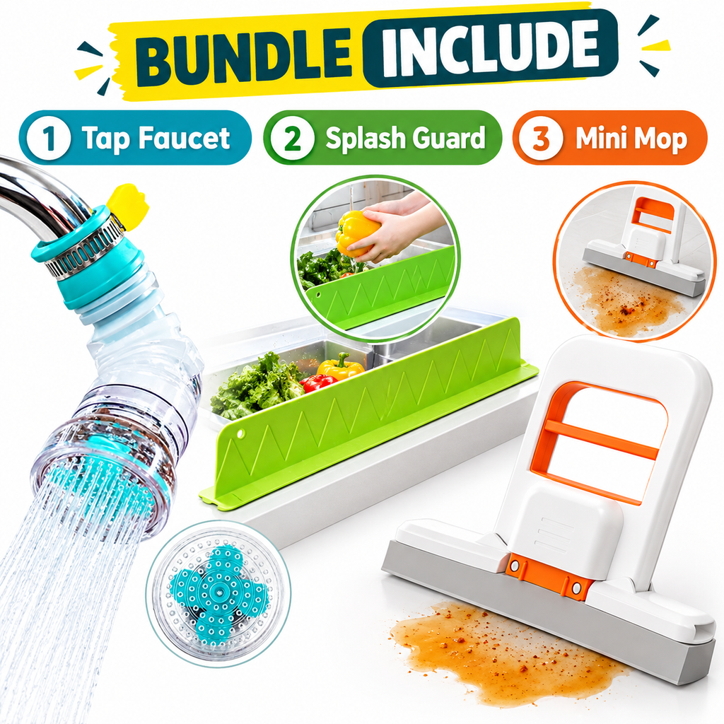 Bundle Of 3 - Faucet + Splash Guard + Mini Mop | Kitchen Pack Of 3