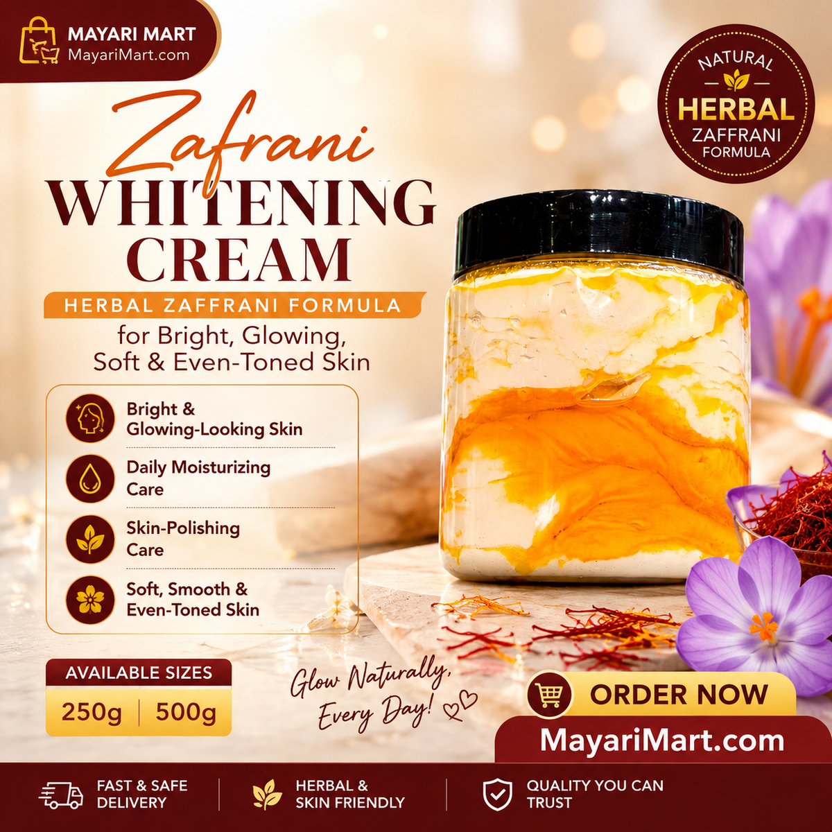Zafrani Whitening Cream 250g | 500 g – Herbal Zaffrani Formula for Bright, Glowing, Soft & Even-Toned Skin | Daily Moisturizing & Skin-Polishing Cream