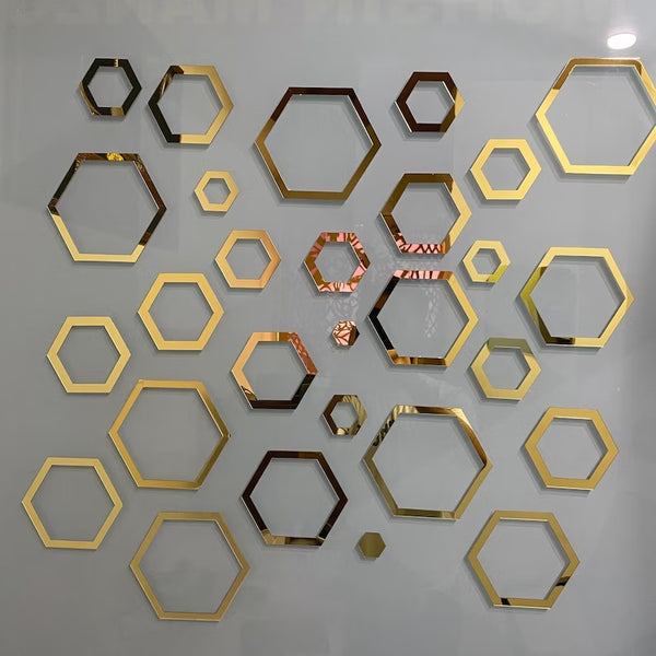 Hexagonal 2D Acrylic Wall Mirror Stickers | DIY Geometric Home Décor (24 Pcs, Mix Sizes)
