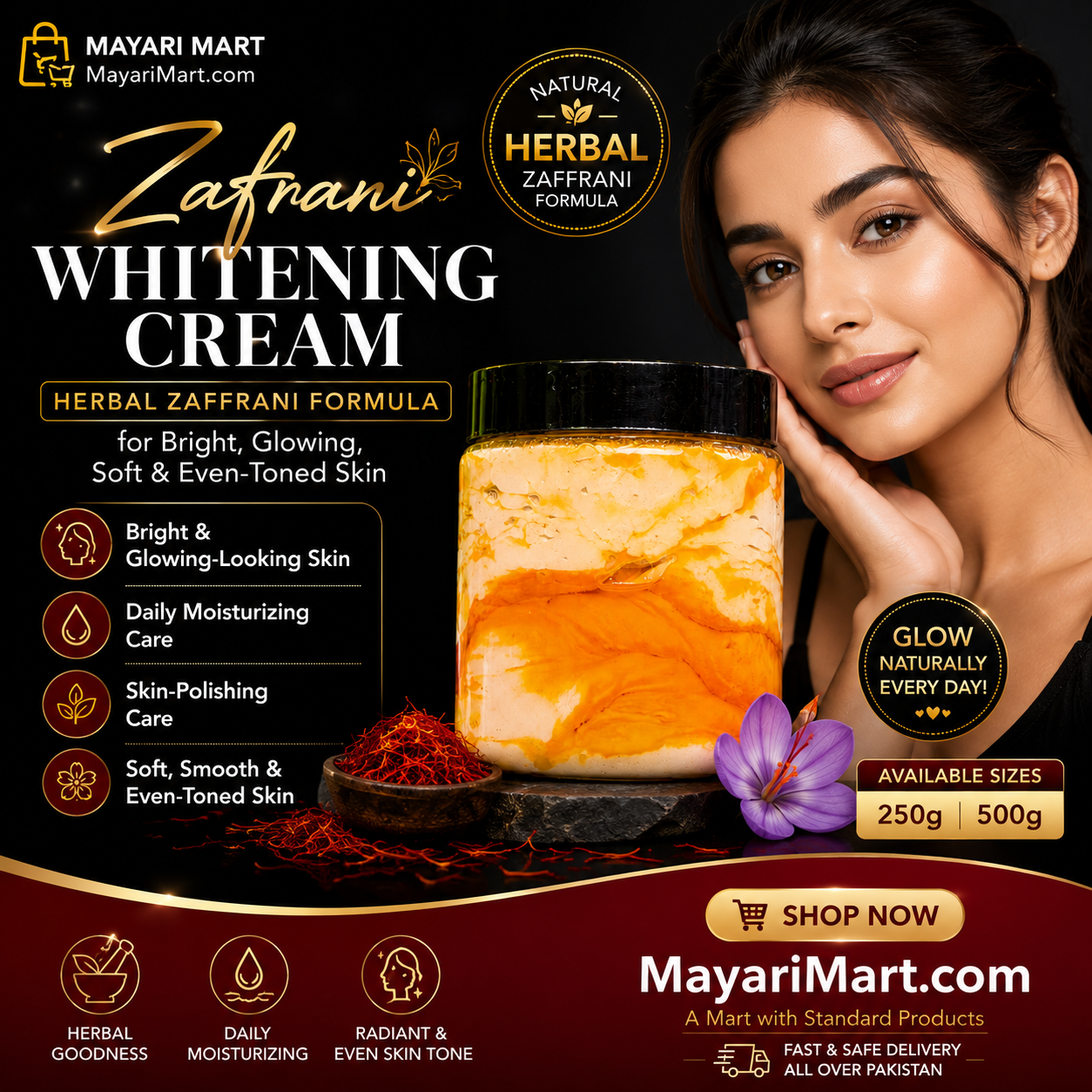Zafrani Whitening Cream 250g | 500 g – Herbal Zaffrani Formula for Bright, Glowing, Soft & Even-Toned Skin | Daily Moisturizing & Skin-Polishing Cream