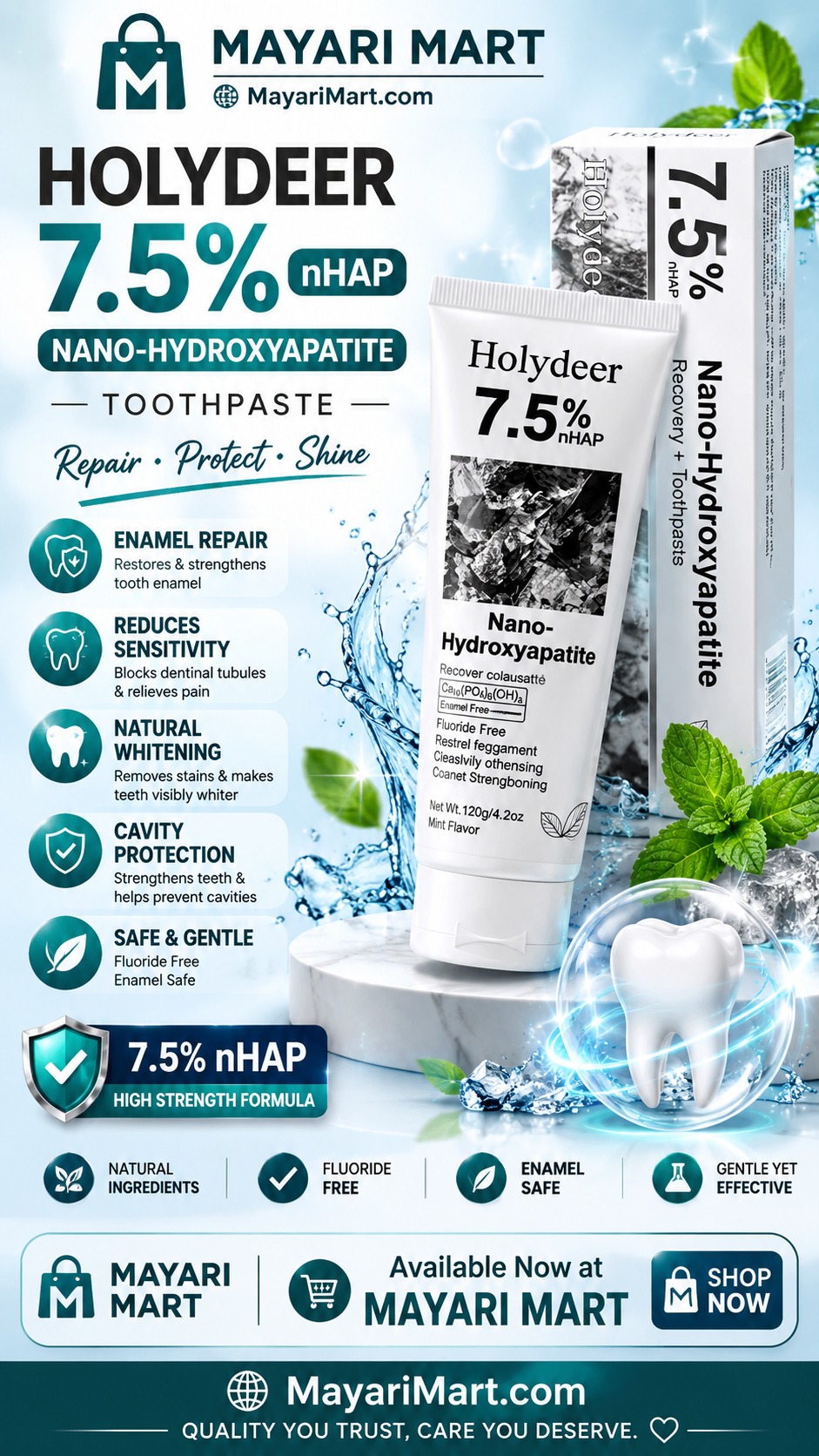 Holydeer Recovery Toothpaste  7.5% Nano-Hydroxyapatite For Enamel Repair & Whitening 120g