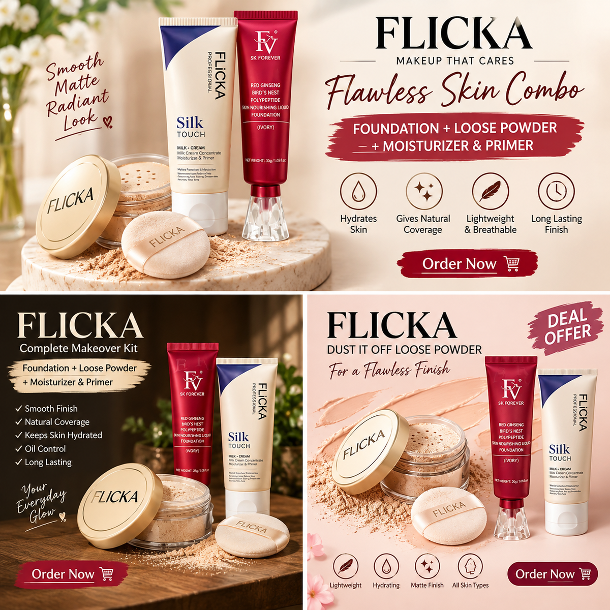 3 In 1 Most Demanding Makeup Bundle - 1 FV foundation ( Ivory Shade), 1 Flicka Primer, 1 Flicka Loose Powder.