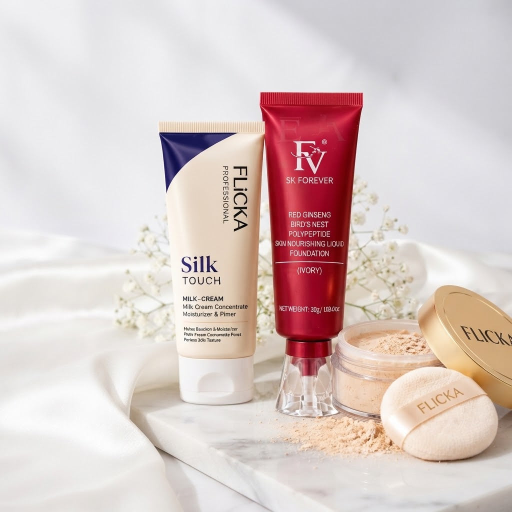 3 In 1 Most Demanding Makeup Bundle - 1 FV foundation ( Ivory Shade), 1 Flicka Primer, 1 Flicka Loose Powder.
