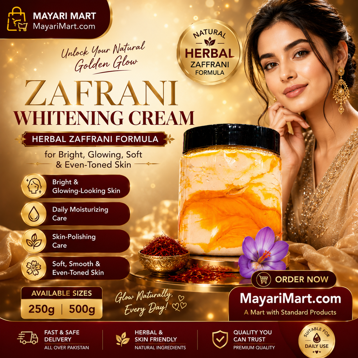 Zafrani Whitening Cream 250g | 500 g – Herbal Zaffrani Formula for Bright, Glowing, Soft & Even-Toned Skin | Daily Moisturizing & Skin-Polishing Cream