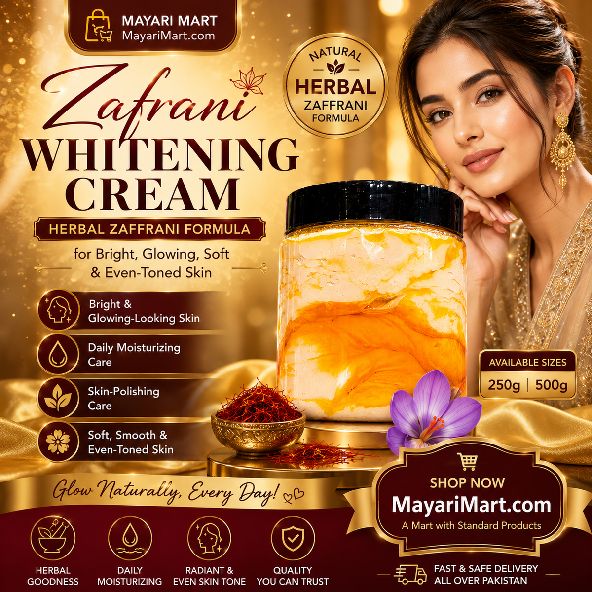 Zafrani Whitening Cream 250g | 500 g – Herbal Zaffrani Formula for Bright, Glowing, Soft & Even-Toned Skin | Daily Moisturizing & Skin-Polishing Cream